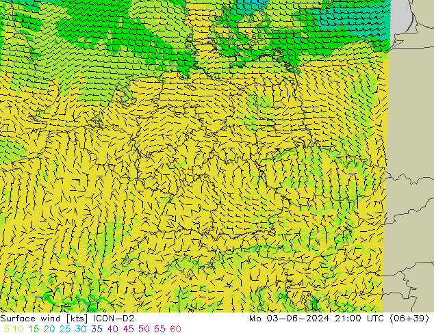 Vento 10 m ICON-D2 lun 03.06.2024 21 UTC