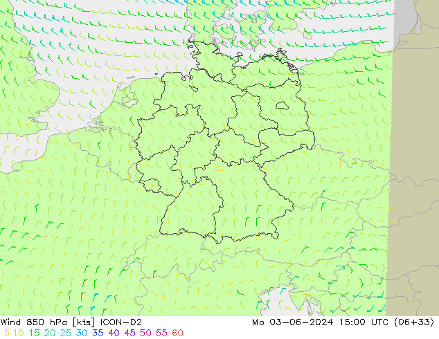 wiatr 850 hPa ICON-D2 pon. 03.06.2024 15 UTC