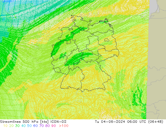 Linia prądu 500 hPa ICON-D2 wto. 04.06.2024 06 UTC