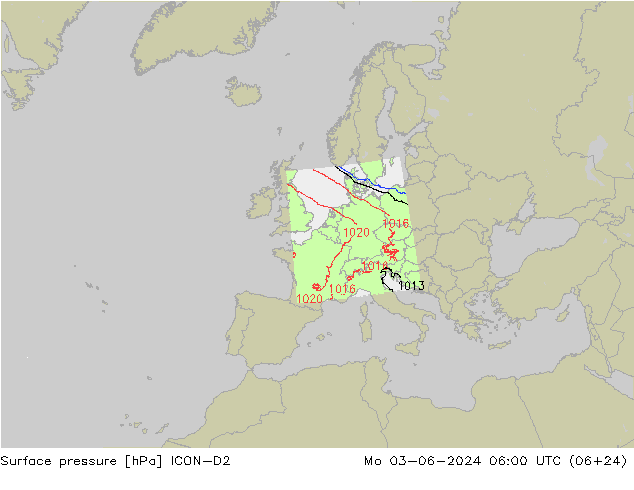 Pressione al suolo ICON-D2 lun 03.06.2024 06 UTC