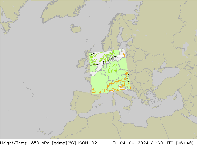 Yükseklik/Sıc. 850 hPa ICON-D2 Sa 04.06.2024 06 UTC