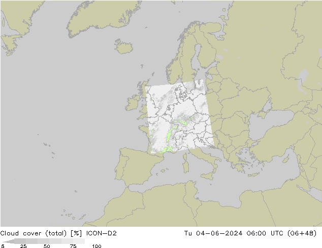 Cloud cover (total) ICON-D2 Tu 04.06.2024 06 UTC