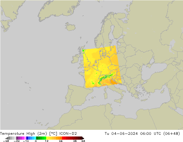 Temperatura máx. (2m) ICON-D2 mar 04.06.2024 06 UTC