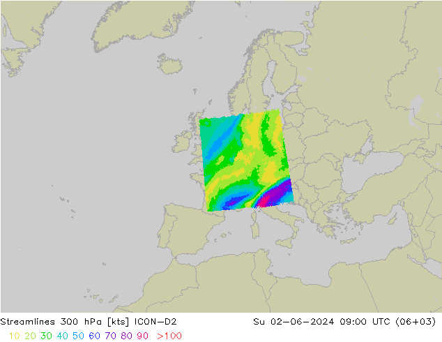 Rüzgar 300 hPa ICON-D2 Paz 02.06.2024 09 UTC