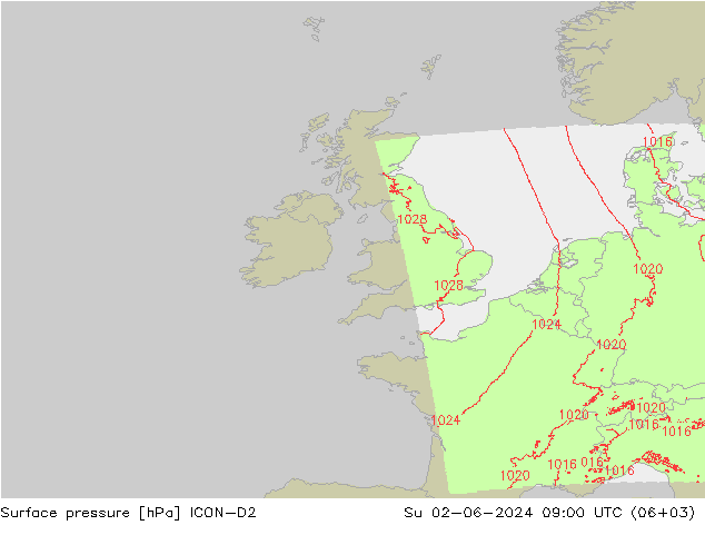 Luchtdruk (Grond) ICON-D2 zo 02.06.2024 09 UTC