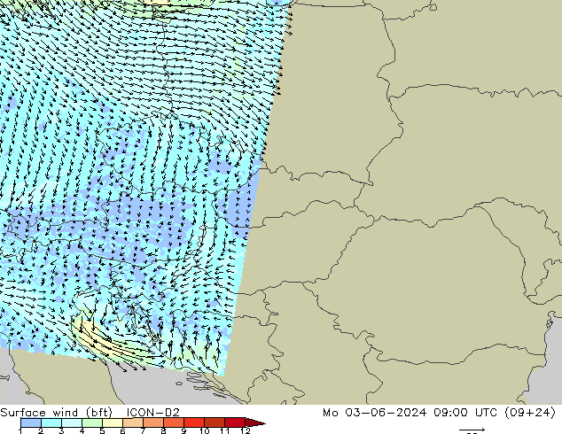 Vent 10 m (bft) ICON-D2 lun 03.06.2024 09 UTC