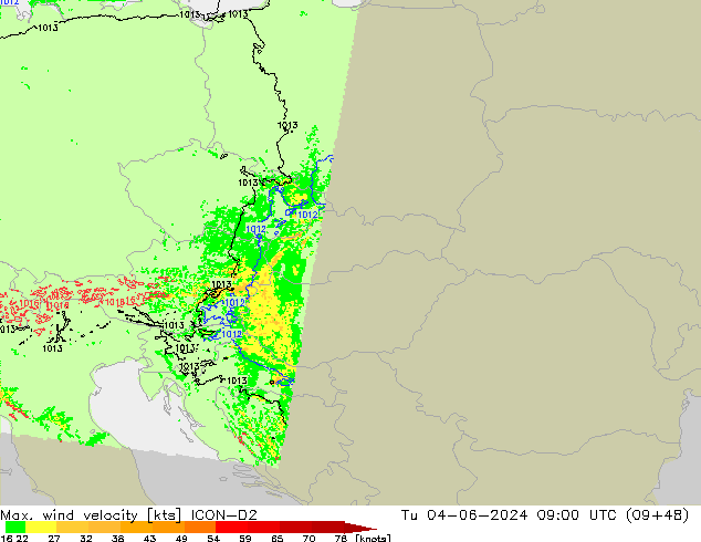 Max. wind snelheid ICON-D2 di 04.06.2024 09 UTC