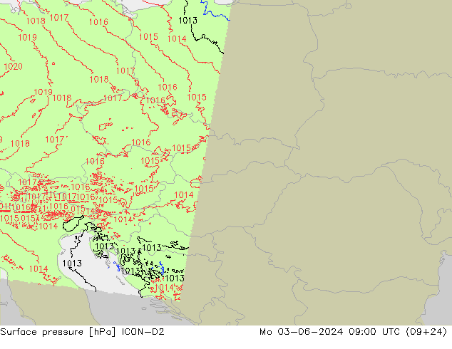 pression de l'air ICON-D2 lun 03.06.2024 09 UTC