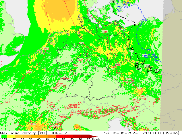 Max. wind velocity ICON-D2 Su 02.06.2024 12 UTC