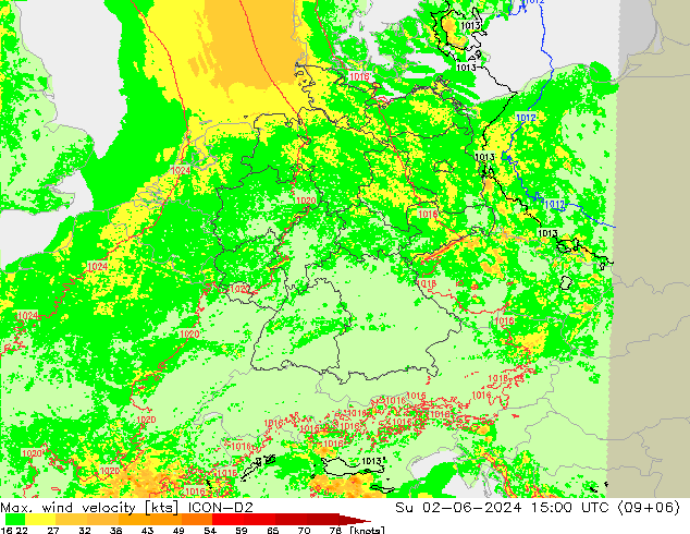 Max. wind snelheid ICON-D2 zo 02.06.2024 15 UTC