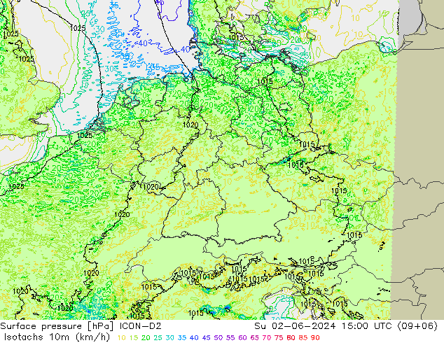 Eşrüzgar Hızları (km/sa) ICON-D2 Paz 02.06.2024 15 UTC