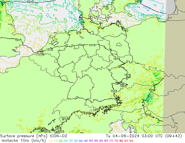 Isotaca (kph) ICON-D2 mar 04.06.2024 03 UTC