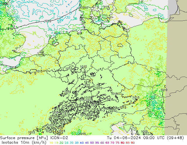 Isotachen (km/h) ICON-D2 di 04.06.2024 09 UTC