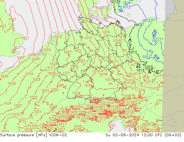 Presión superficial ICON-D2 dom 02.06.2024 12 UTC