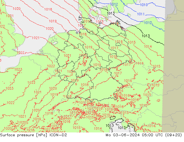 Pressione al suolo ICON-D2 lun 03.06.2024 05 UTC