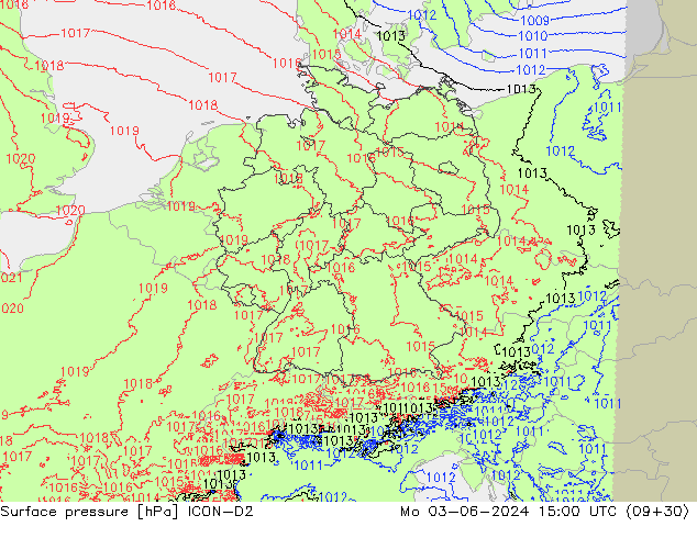 Surface pressure ICON-D2 Mo 03.06.2024 15 UTC