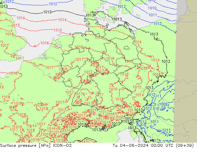 Surface pressure ICON-D2 Tu 04.06.2024 00 UTC