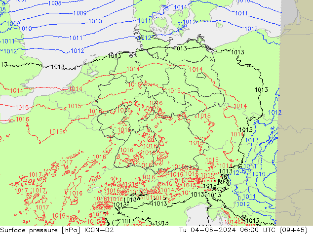 Surface pressure ICON-D2 Tu 04.06.2024 06 UTC