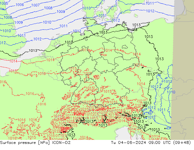 Atmosférický tlak ICON-D2 Út 04.06.2024 09 UTC