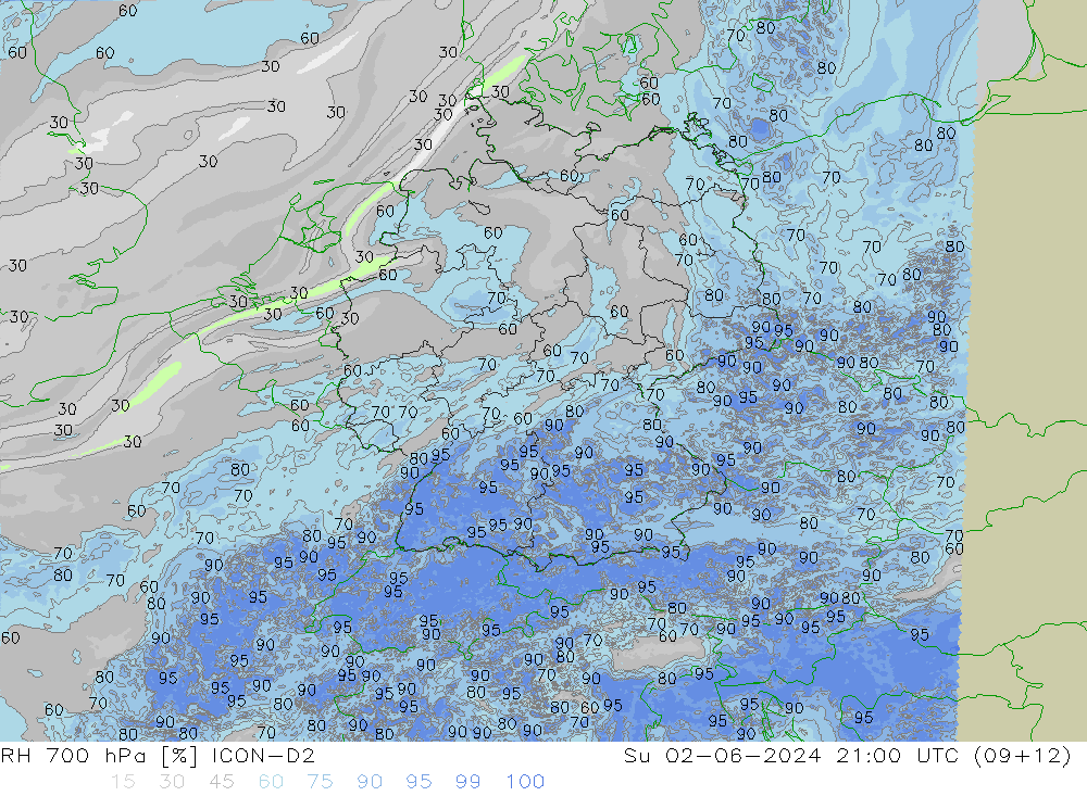 RH 700 hPa ICON-D2 So 02.06.2024 21 UTC