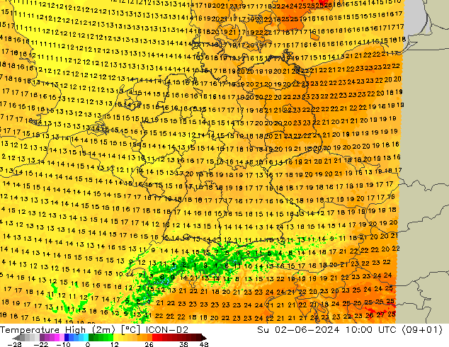 Max. Temperatura (2m) ICON-D2 nie. 02.06.2024 10 UTC