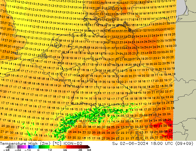 Max.temperatuur (2m) ICON-D2 zo 02.06.2024 18 UTC