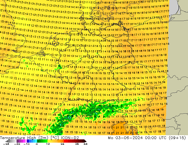 Temperature High (2m) ICON-D2 Mo 03.06.2024 00 UTC