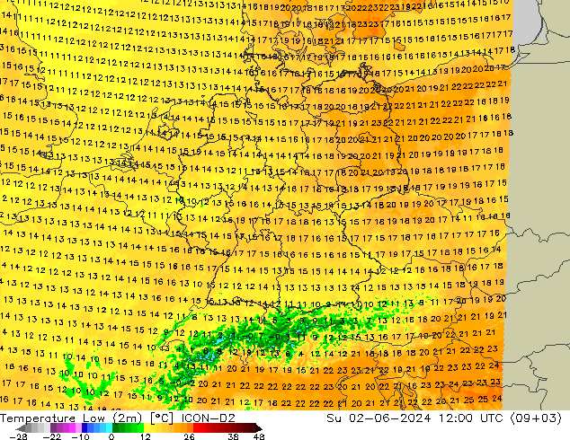 Min. Temperatura (2m) ICON-D2 nie. 02.06.2024 12 UTC
