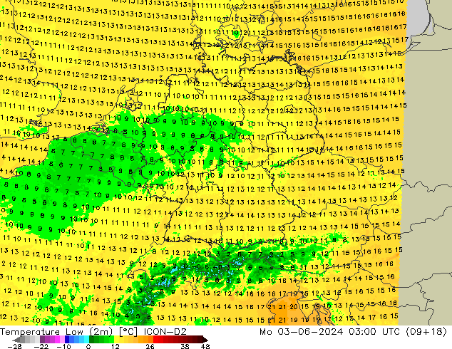 Temperature Low (2m) ICON-D2 Mo 03.06.2024 03 UTC