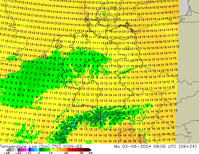 température 2m min ICON-D2 lun 03.06.2024 09 UTC