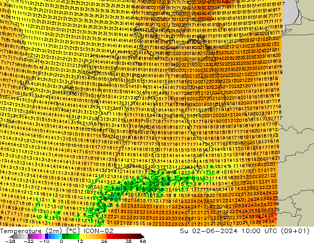 Temperature (2m) ICON-D2 Su 02.06.2024 10 UTC