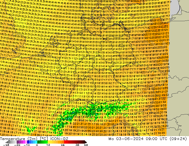 Temperature (2m) ICON-D2 Mo 03.06.2024 09 UTC