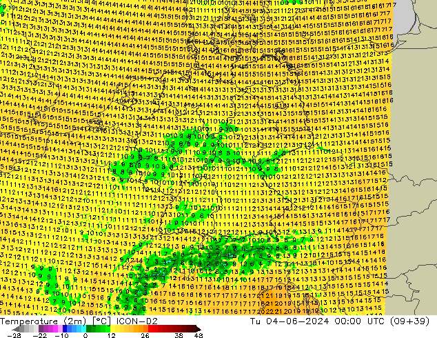 Temperatura (2m) ICON-D2 mar 04.06.2024 00 UTC