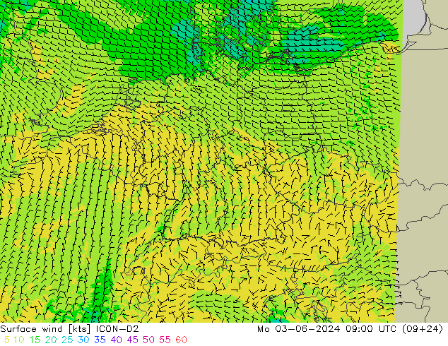 Bodenwind ICON-D2 Mo 03.06.2024 09 UTC