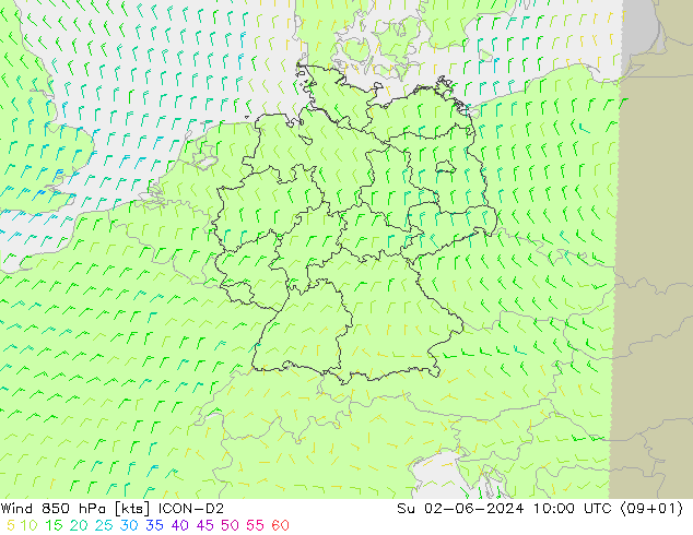 Vento 850 hPa ICON-D2 Dom 02.06.2024 10 UTC