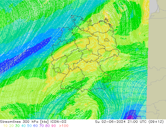 Streamlines 300 hPa ICON-D2 Su 02.06.2024 21 UTC