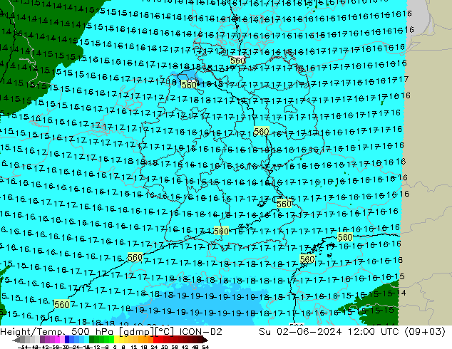 Height/Temp. 500 гПа ICON-D2 Вс 02.06.2024 12 UTC