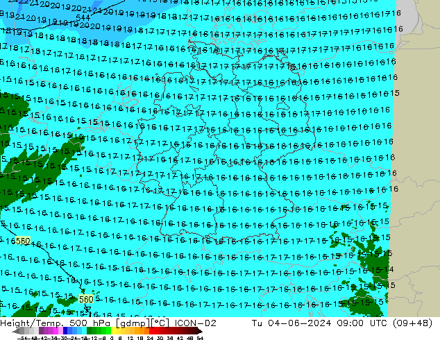 Height/Temp. 500 hPa ICON-D2 Tu 04.06.2024 09 UTC