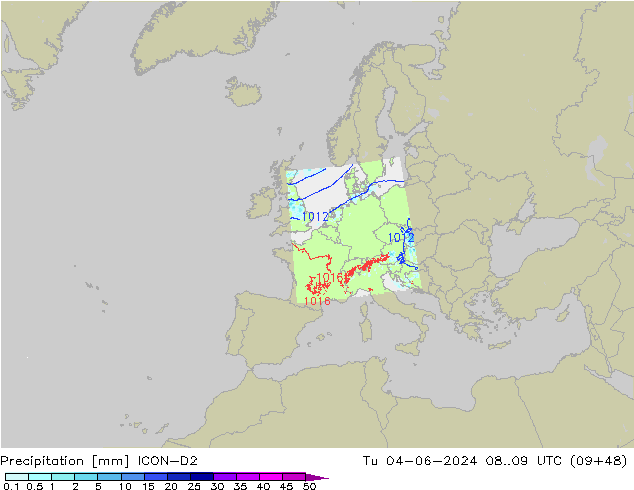 Precipitation ICON-D2 Tu 04.06.2024 09 UTC