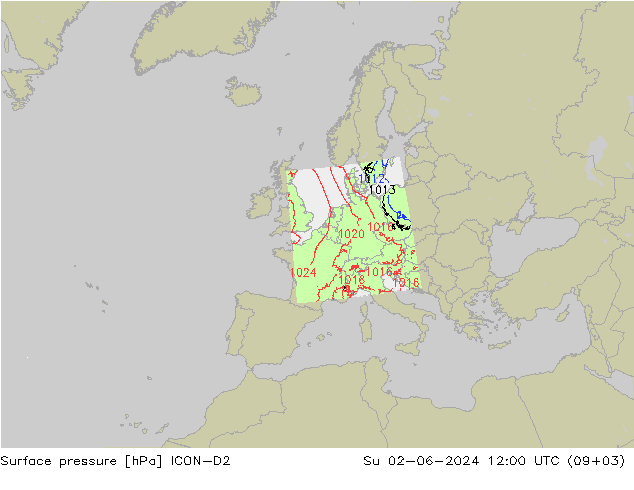 Luchtdruk (Grond) ICON-D2 zo 02.06.2024 12 UTC