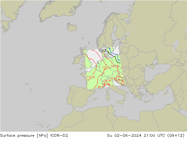 Presión superficial ICON-D2 dom 02.06.2024 21 UTC