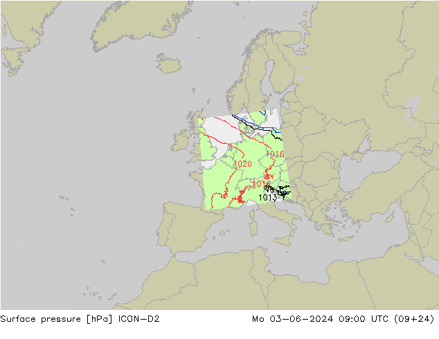 Luchtdruk (Grond) ICON-D2 ma 03.06.2024 09 UTC