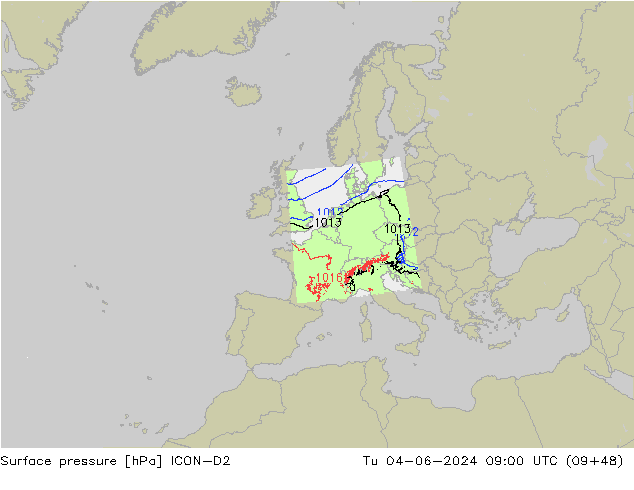 приземное давление ICON-D2 вт 04.06.2024 09 UTC
