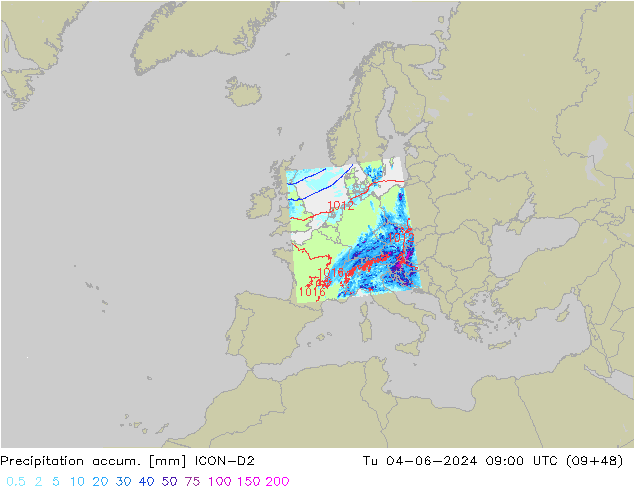 Precipitation accum. ICON-D2 Út 04.06.2024 09 UTC