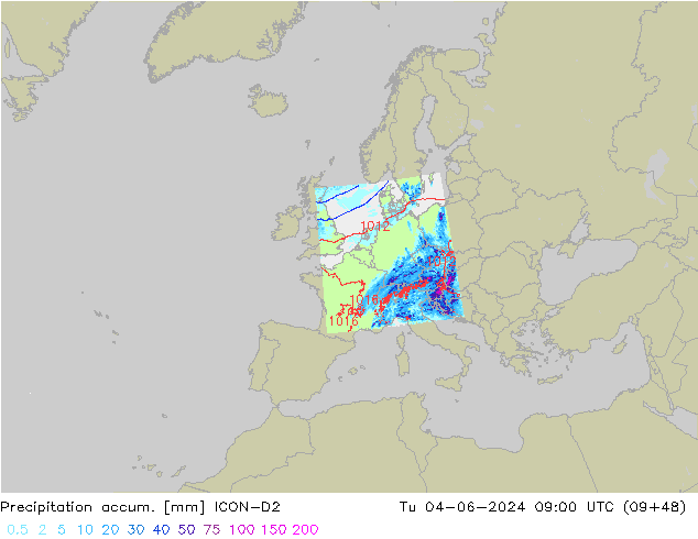 Précipitation accum. ICON-D2 mar 04.06.2024 09 UTC