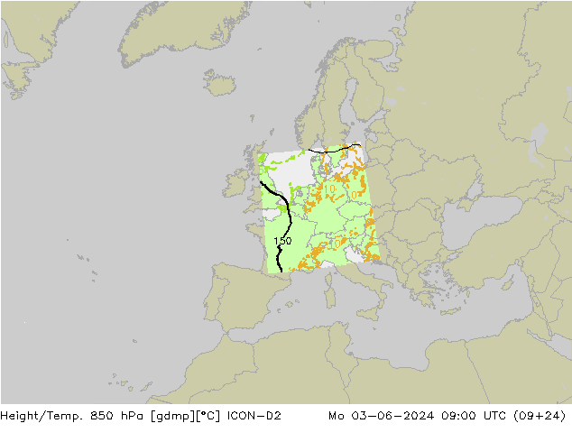 Hoogte/Temp. 850 hPa ICON-D2 ma 03.06.2024 09 UTC