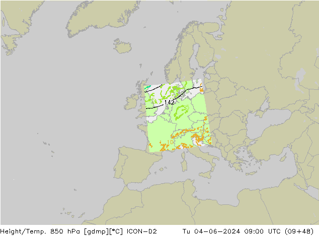 Hoogte/Temp. 850 hPa ICON-D2 di 04.06.2024 09 UTC