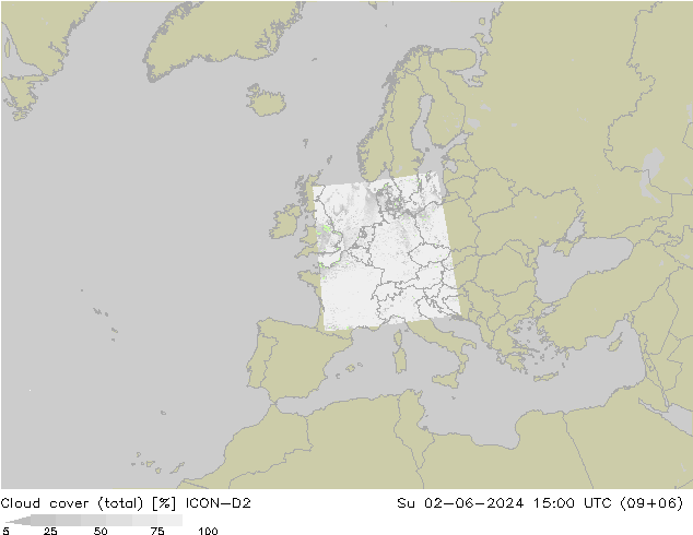 Cloud cover (total) ICON-D2 Su 02.06.2024 15 UTC