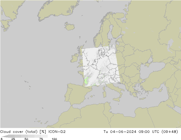 Cloud cover (total) ICON-D2 Tu 04.06.2024 09 UTC