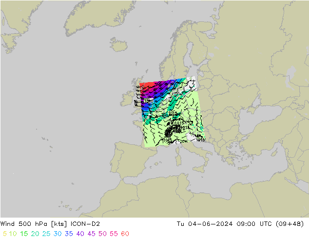 Wind 500 hPa ICON-D2 Út 04.06.2024 09 UTC